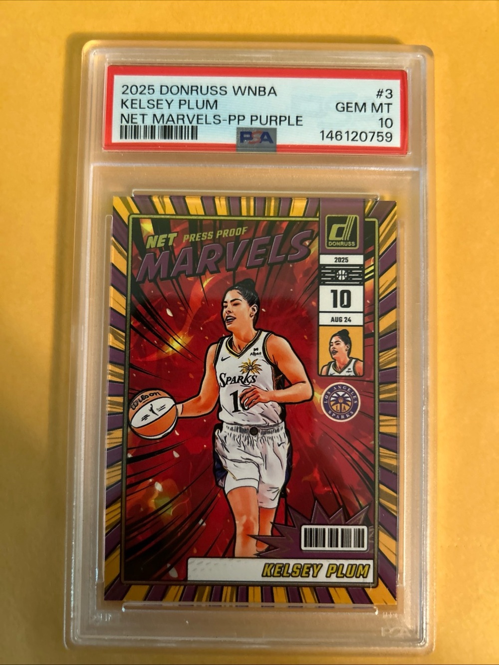 2025 PANINI DONRUSS  NET MARVELS 3 KELSEY PLUM PRESS PROOF PURPLE PSA 10 POP 3